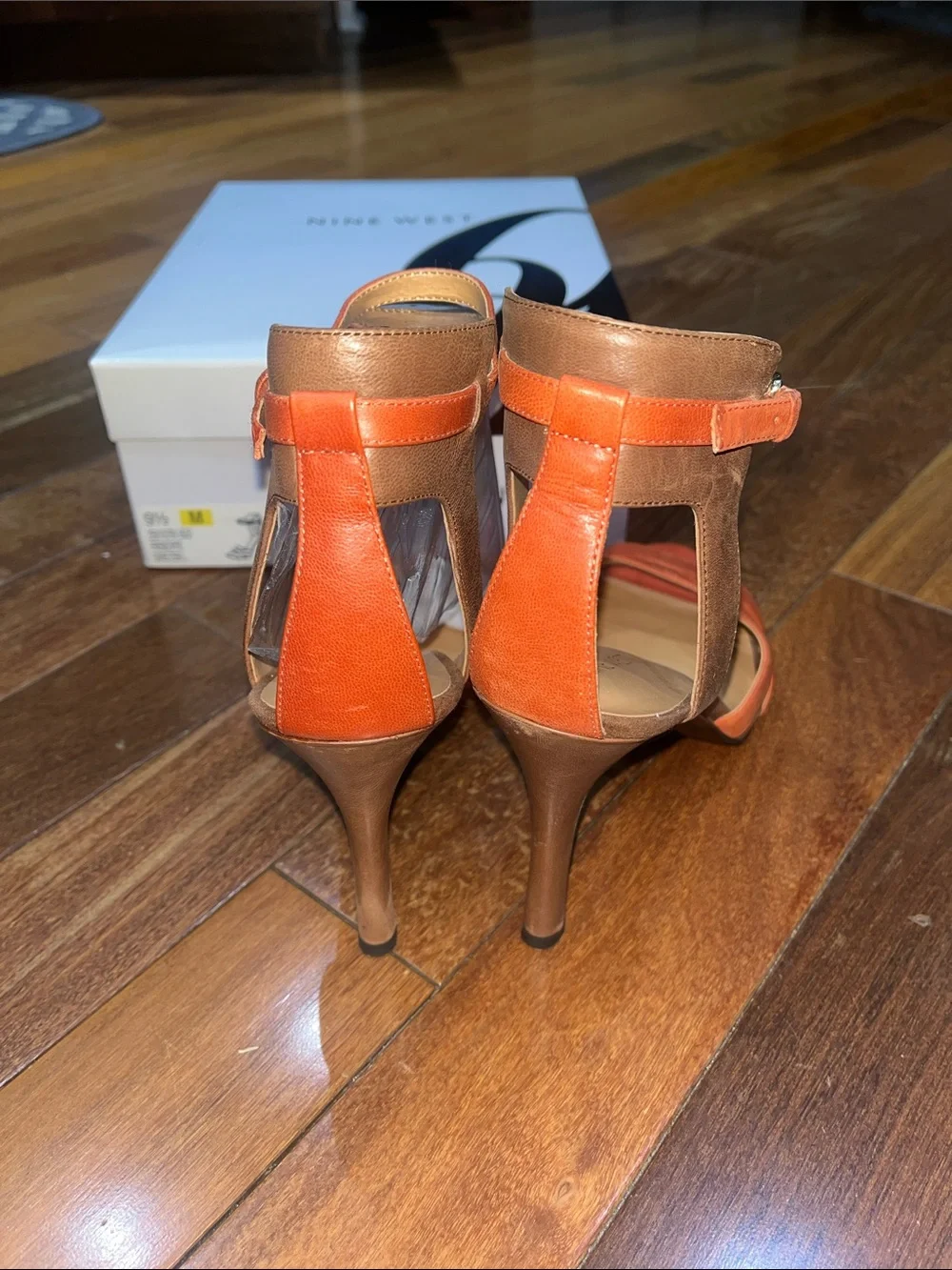 New In Box Size 9 1/2 Nine West Orange and Brown Ankle-Strap Heeled Sandals - Picture 4 of 5